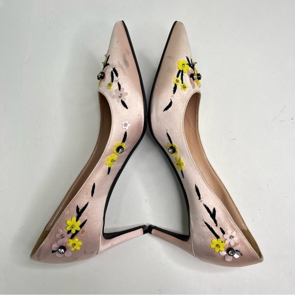 Giambattista Valli Blush Pink Luxury Satin Yellow Floral Embroidered Kitten Heel - Picture 5 of 14